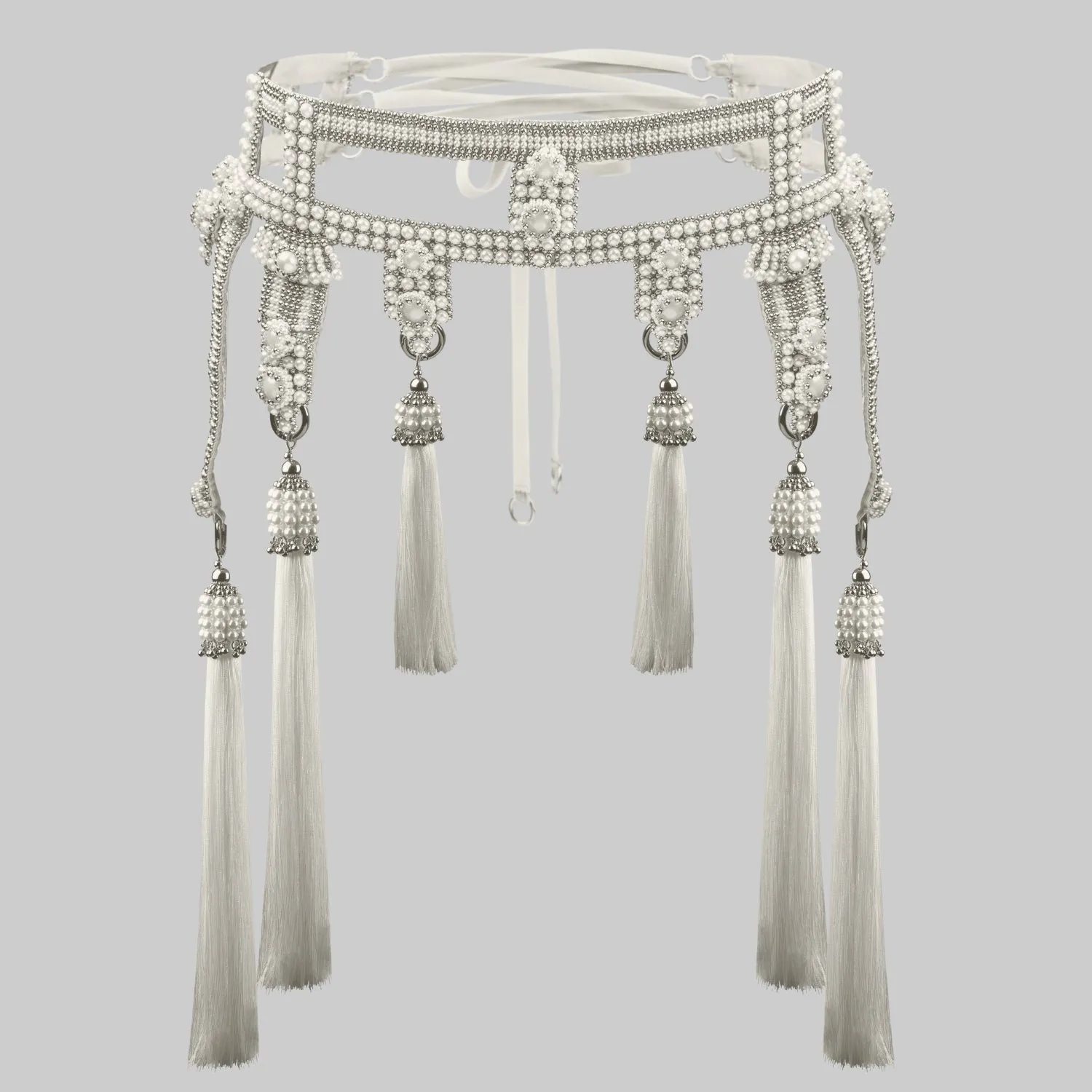 Amaya Garter Belt in Pearl with Tassels