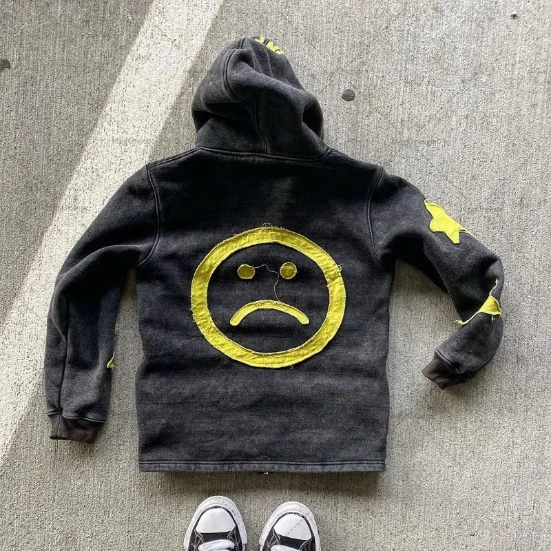 Crying Face Letter Embroidered Zipper Hoodie Men( Unisex)