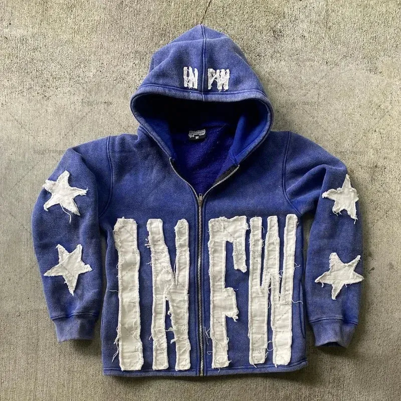 Crying Face Letter Embroidered Zipper Hoodie Men( Unisex)
