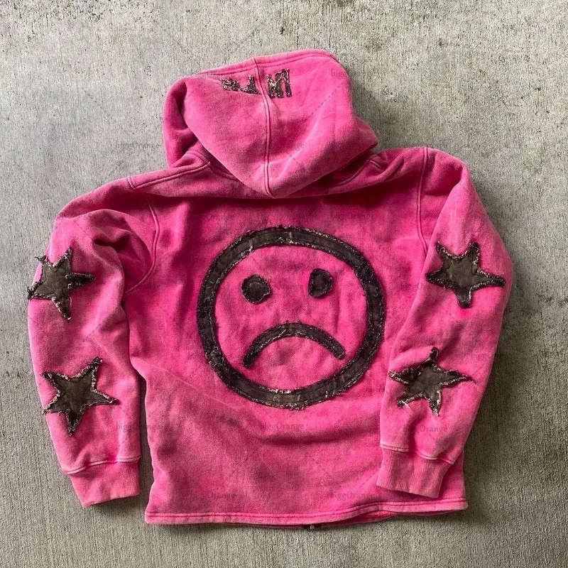 Crying Face Letter Embroidered Zipper Hoodie Men( Unisex)