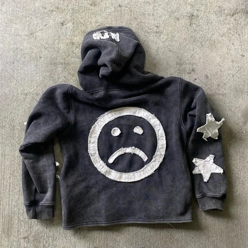 Crying Face Letter Embroidered Zipper Hoodie Men( Unisex)