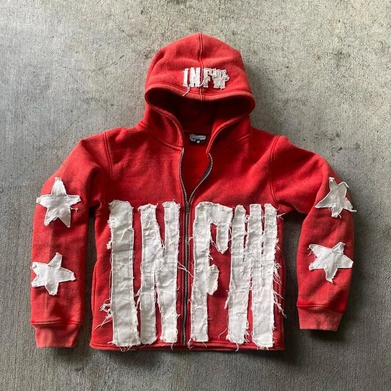 Crying Face Letter Embroidered Zipper Hoodie Men( Unisex)