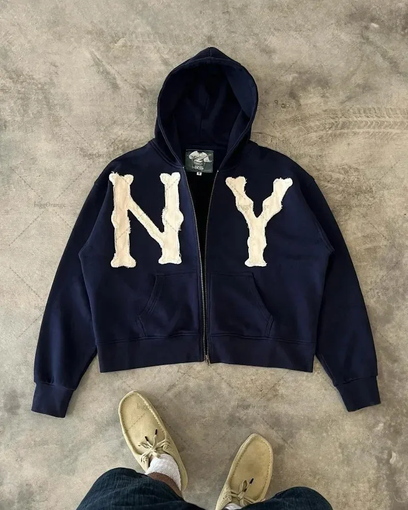 Crying Face Letter Embroidered Zipper Hoodie Men( Unisex)