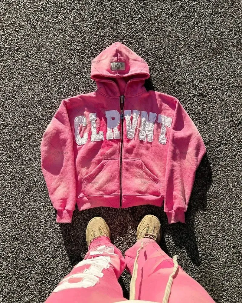 Crying Face Letter Embroidered Zipper Hoodie Men( Unisex)