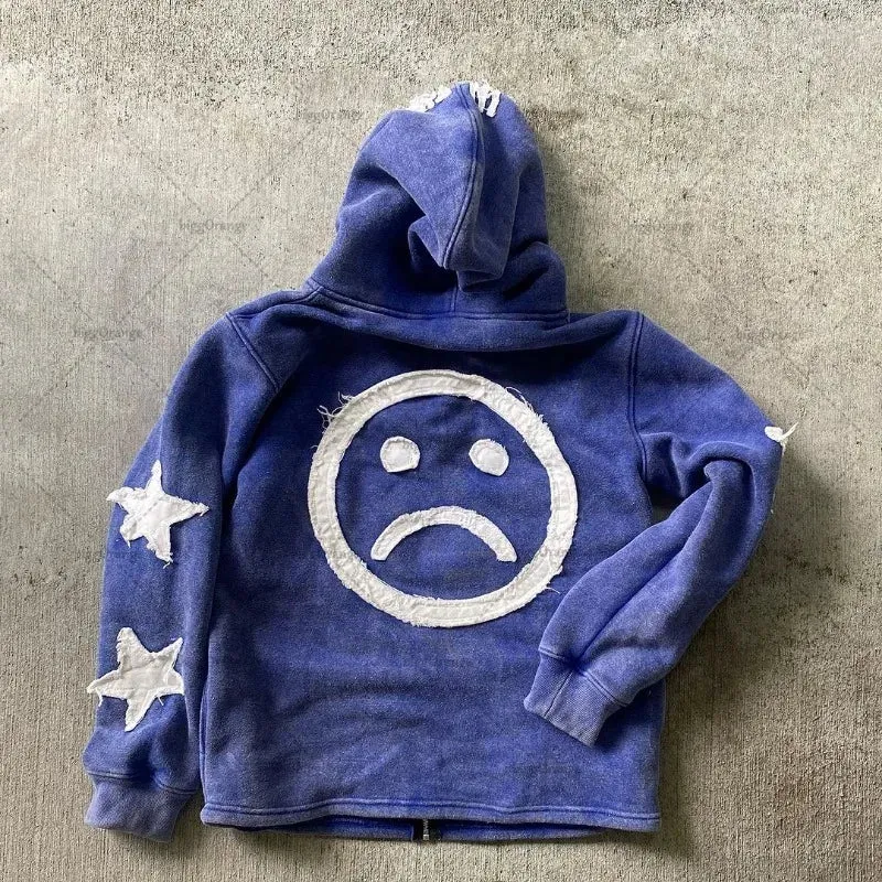 Crying Face Letter Embroidered Zipper Hoodie Men( Unisex)