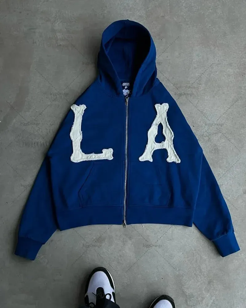 Crying Face Letter Embroidered Zipper Hoodie Men( Unisex)
