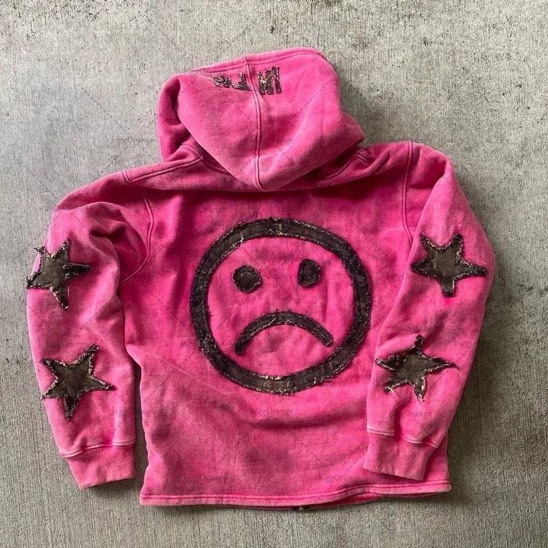 Crying Face Letter Embroidered Zipper Hoodie Men( Unisex)