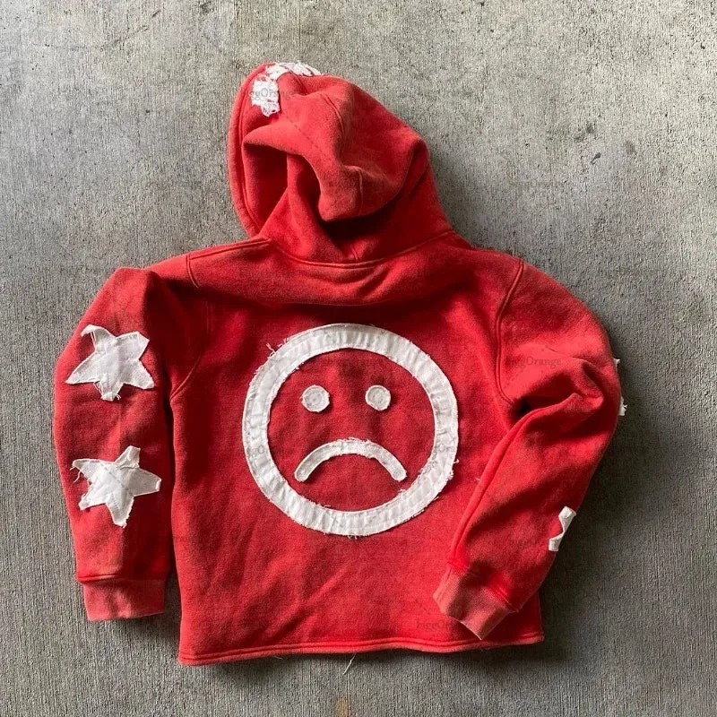 Crying Face Letter Embroidered Zipper Hoodie Men( Unisex)