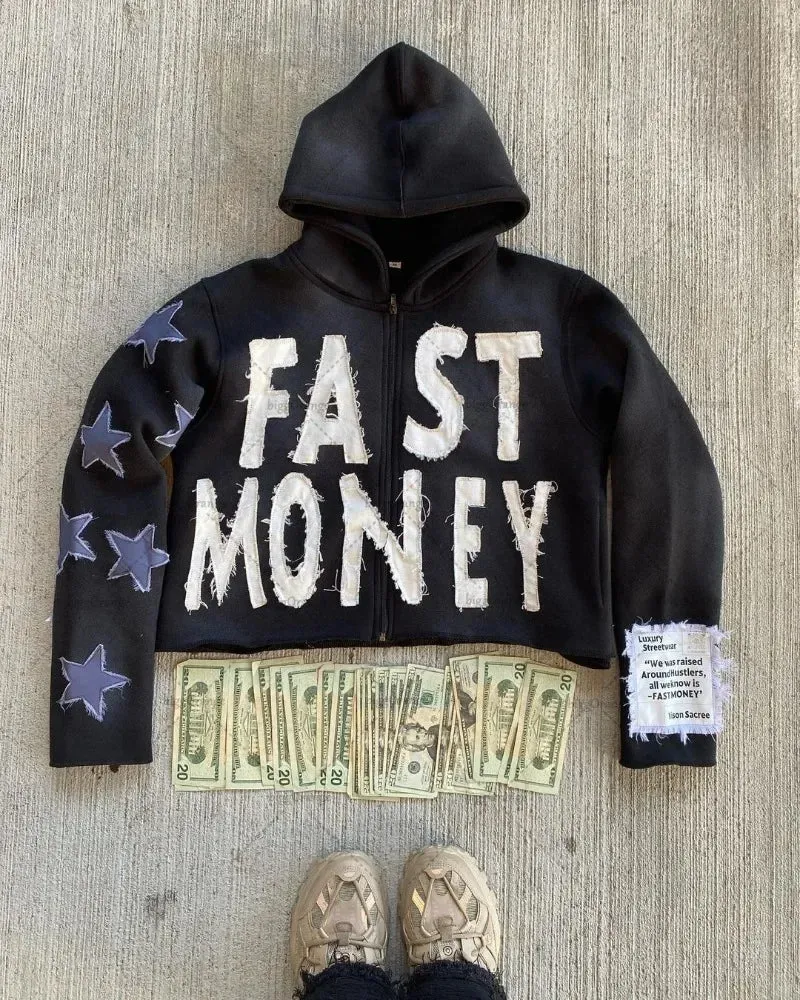 Crying Face Letter Embroidered Zipper Hoodie Men( Unisex)