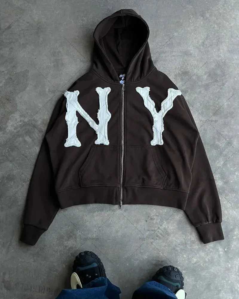 Crying Face Letter Embroidered Zipper Hoodie Men( Unisex)