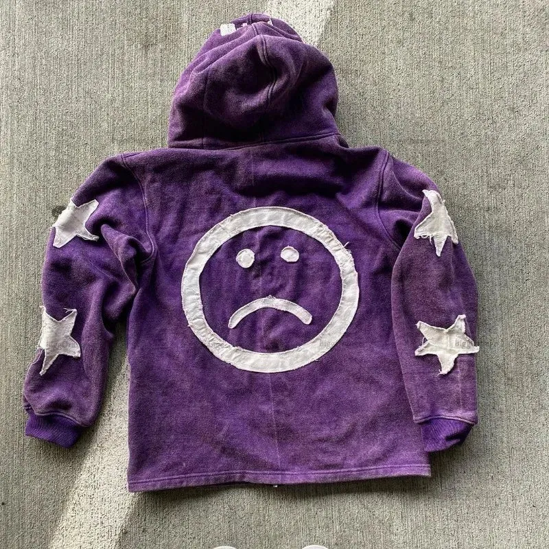 Crying Face Letter Embroidered Zipper Hoodie Men( Unisex)