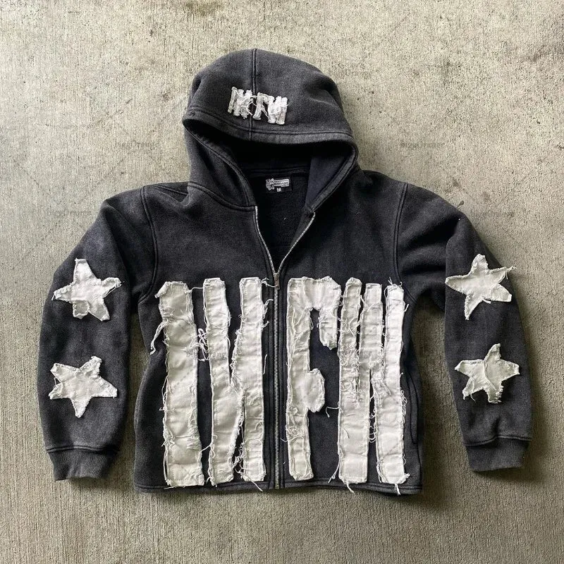 Crying Face Letter Embroidered Zipper Hoodie Men( Unisex)