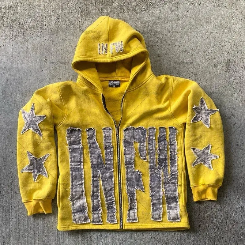 Crying Face Letter Embroidered Zipper Hoodie Men( Unisex)
