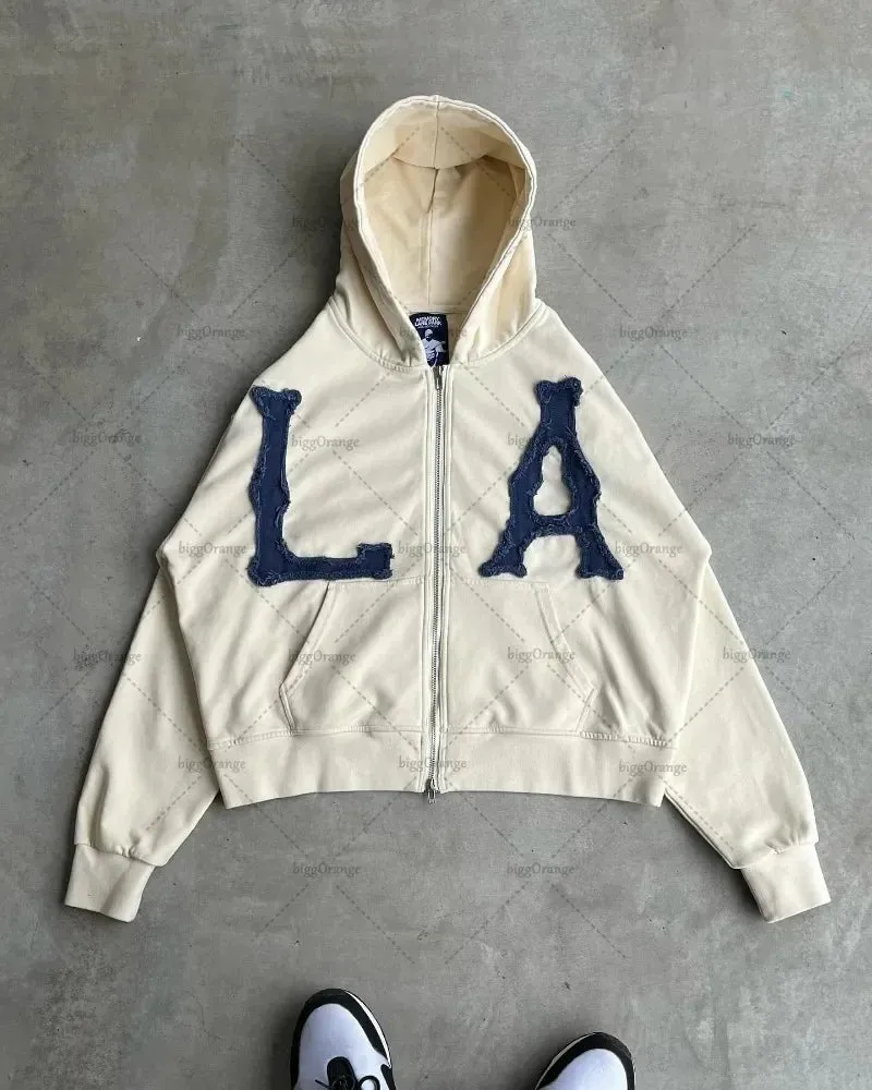 Crying Face Letter Embroidered Zipper Hoodie Men( Unisex)
