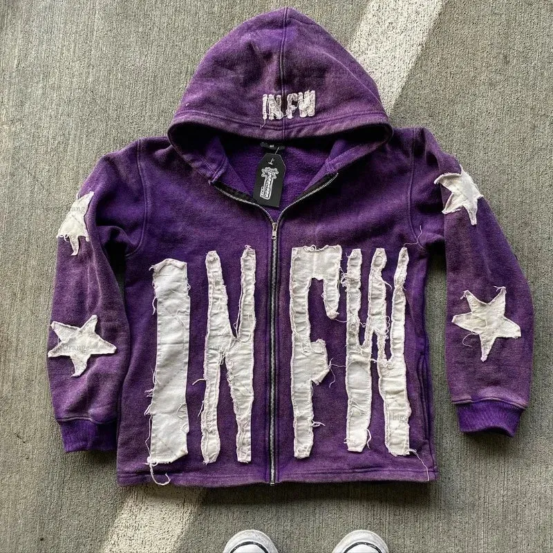 Crying Face Letter Embroidered Zipper Hoodie Men( Unisex)