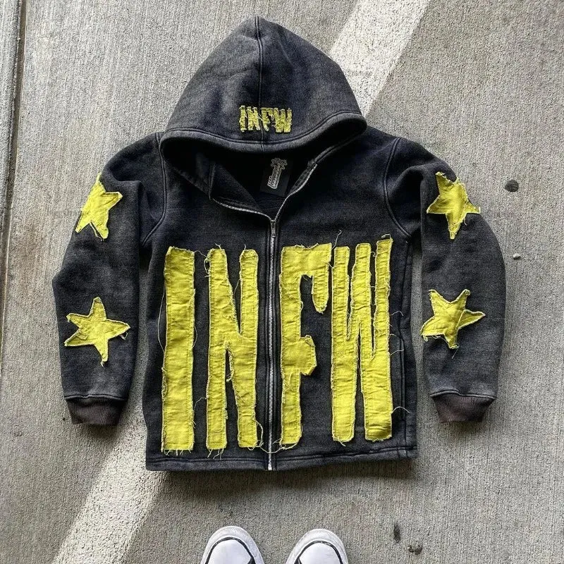 Crying Face Letter Embroidered Zipper Hoodie Men( Unisex)