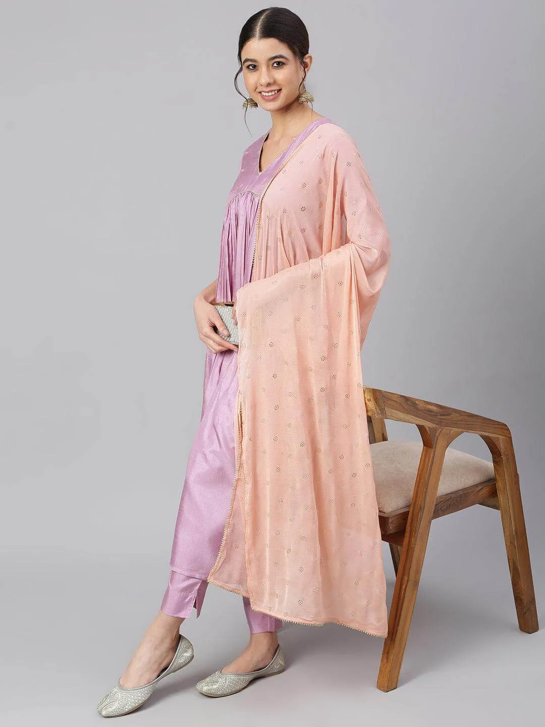 Mauve Poly Silk Solid Kurta with Pant and Dupatta