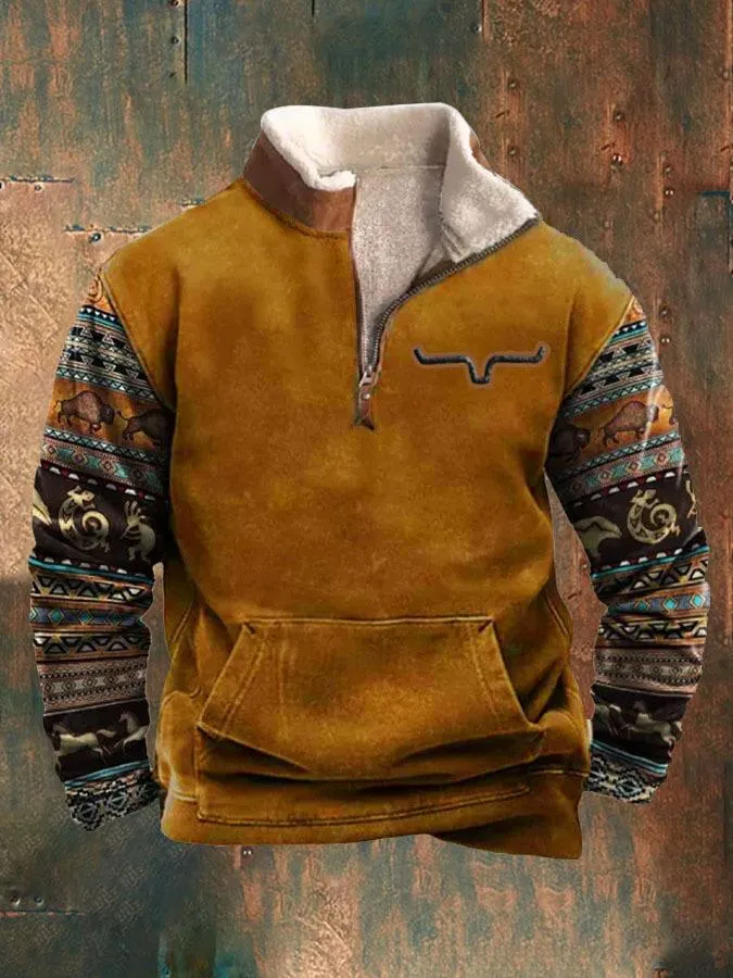 Men's Vintage Print Fur Collar Half Zipper Casual Sweatshirt 68104417YY