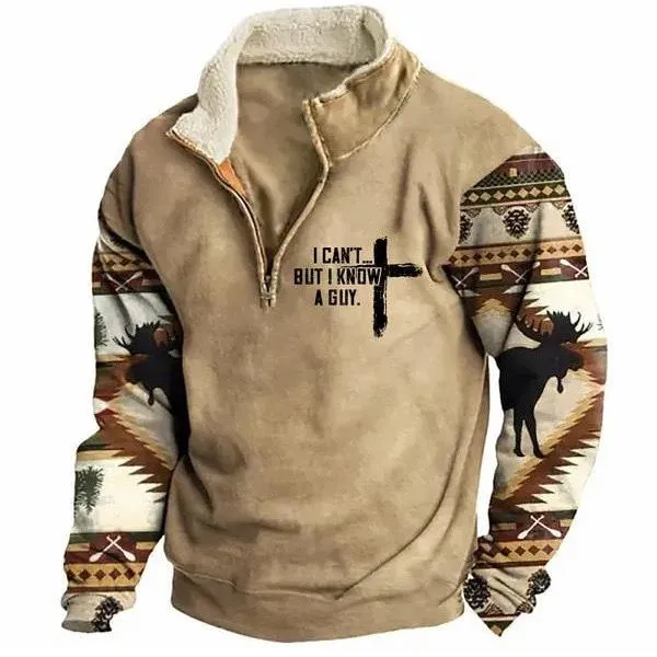 Men's Vintage Print Fur Collar Half Zipper Casual Sweatshirt 68104417YY
